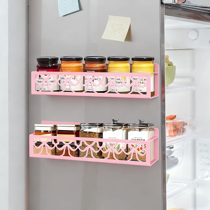 JarThenaAMCS 2Pcs Pink Bow Magnetic Spice Rack for Refrigerator Metal Basket Shelf Seasoning Storage Organizer Holder for Valentine's Day Home Kitchen Fridge Decor Accessories