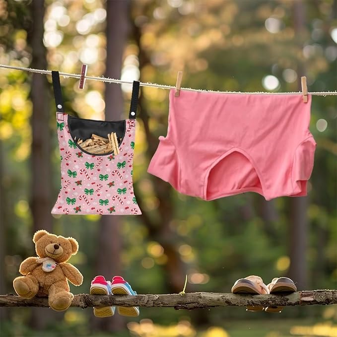 Christmas Candy Cane Clothespin Bags with Hanging Rope Space-Saving Pink Clothespin Storage Organizer Waterproof Clothes Pin Holder for Clothesline Outdoor Rotatable Clothespins Storage Bag