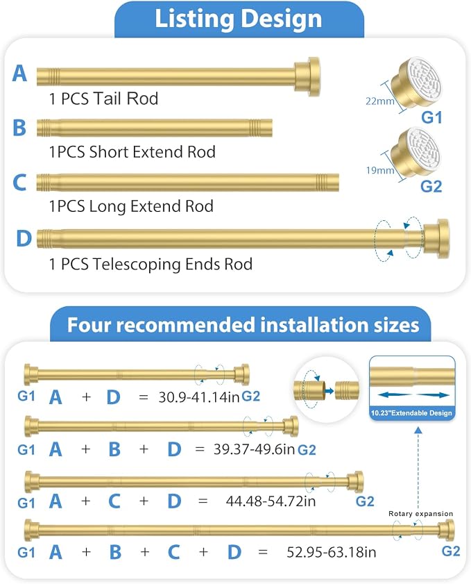 2Pack Tension Curtain Rod 30-63 Inch Gold Spring Curtain Rod No Drilling Adjustable Curtain Rod for Windows Expandable Curtains Rods Tension Rods for Bathroom,Closets,Doorway,kitchen