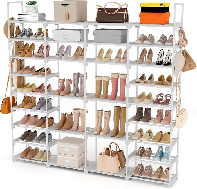 ROJASOP Large Shoe Rack Organizer for Entryway Closet 64-68 Pairs 9-Tier Heavy Duty Tall Garage Shoe Rack Shoe Shelf Shoes Storage with 18 Pcs Removable Side Hooks for Bedroom and Garage White