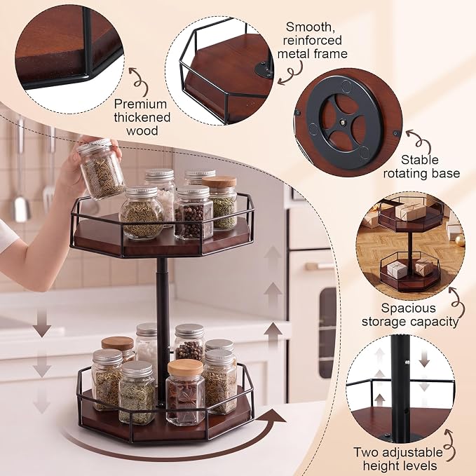 Sliner 12" Lazy Susan Organizer 2 Tier Adjustable Octagonal Spice Turntable Organizer Wooden Industrial Turntable Rotating Spice Rack for Cabinet Kitchen Countertop Pantry Bathroom