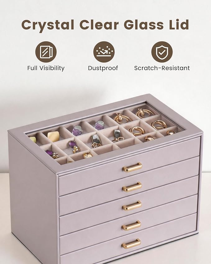 Lolalet Earring Organizer, Jewelry Box with Clear Lid -Purple, 5 Layer | PU Leather, Velvet, Removable Dividers, Dustproof, Easy Clean, For Studs Rings, Gift for Women Girls, Home Aesthetic Decor