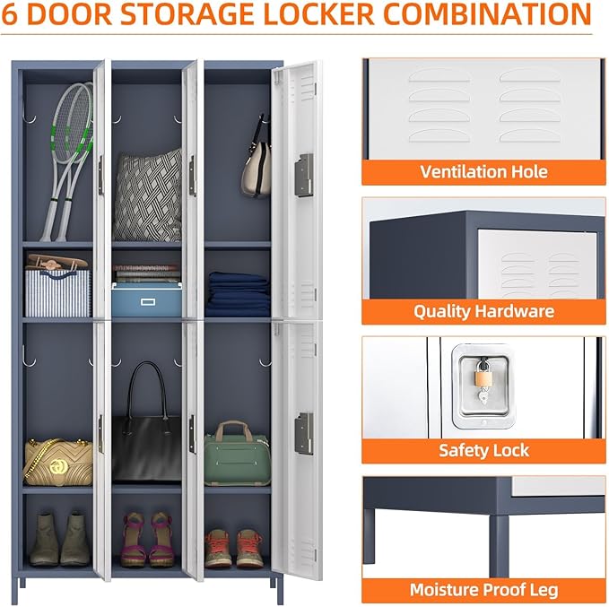 METAN Metal Locker for School Office Gym Bedroom,6 Doors Steel Storage Locker Cabinet for Employees,Industrial Storage Locker with 1 Shelves,Assembly Required,Gray+White…