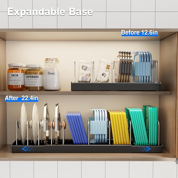 Mustorn 2 Pack Pots and Pans Organizer under Cabinet, 22" Expandable Food Storage Container Lid Organizer with 9 Adjustable Stainless Steel Dividers, ABS Base, Countertop Rack, Black