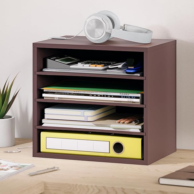 Ballucci 4-Tier Paper Organizer, Desk File Organizer, Stackable Letter Tray, Wood Mail Sorter with Adjustable Storage Shelves, Office Desk Organizer, Dark Brown, Espresso
