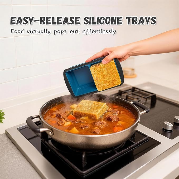 GORCI Silicone Soup Freezer Trays with Lids - 4 Pack, ½ cup, 1 cup, 2 cup and 4 cup - Perfect Portion Control for Broth, Sauce & Meal Prep ，100% Platinum Silicone BPA-Free, Flexible, Dishwasher Safe