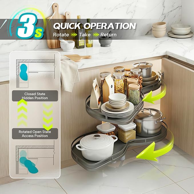 Blind Corner Cabinet Pull Out Organizer, Heavy Duty 2-Tier Soft Close System, Fits 12”-18” Cabinets, Left/Right Adjustable Magic Corner Storage for Kitchen Cabinets
