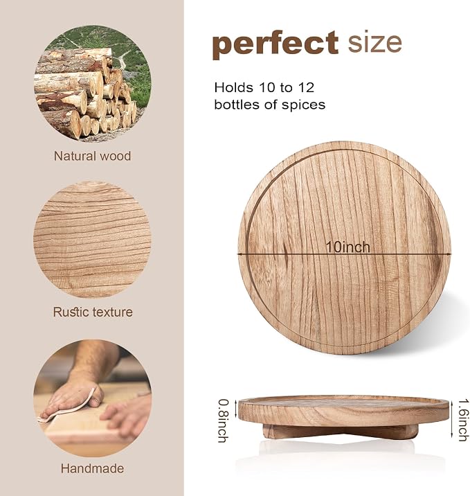 Round Decorative Tray Wood Bathroom Counter Organizer Farmhouse Kitchen Decor Wooden Riser for Soap Dish, Perfume, Candle, Sponge, 10" - Brown