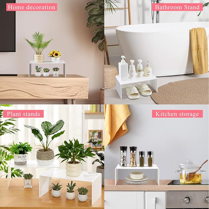 RattanView 2 Pcs 14 Inch Large Acrylic Risers Display Stands 5 mm Thick Acrylic Shelf Riser Showcase for Collectibles Jewelry Cupcakes Food Figures Perfume Cabinet (White)
