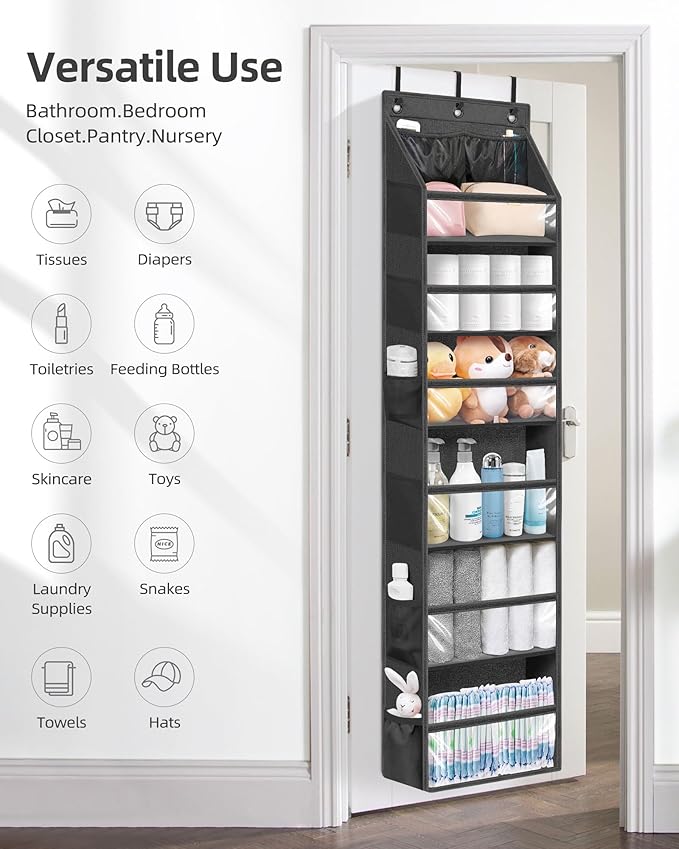 STORAGE MANIAC Over the Door Organizer Large Capacity Hanging Organizer, Clear Deep Pockets Behind Door Closet Organizer and Storage for Nursery, Bathroom, Bedroom, Pantry, 1 Pack Black