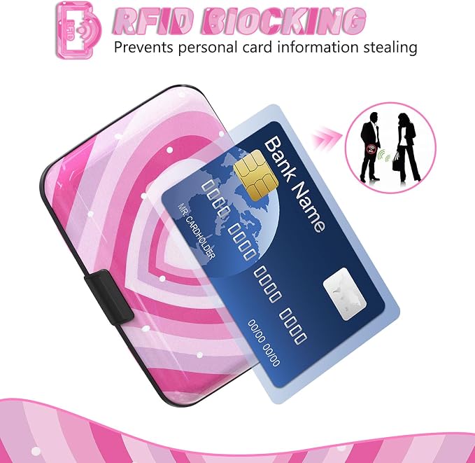 Credit Card Holder, Mini RFID Small Aluminum Card Wallet Business Card Case | Blocking Slim Metal RFID Blocking Front Pocket Wallet Hard Case Durable CC Holder for Women Girls, Pink Hearts