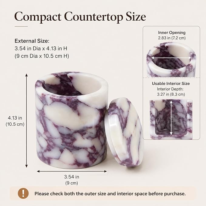 Natural Marble Round Jar with Lid, 4.13 in | A round marble jar that keeps cotton swabs, pads, and hair ties neatly stored with a natural stone accent.
