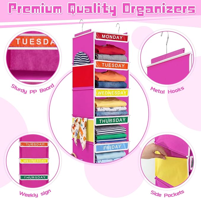 Amylove 2 Pcs 7 Shelf Weekly Clothes Organizer for Kids Hanging Closet Organizer 11. 8 x 11. 8 x 50 Inch Daily Activity Kids Clothes Storage Drawers Cube Drawers Closet Hanging Shelves(Rose Pink)