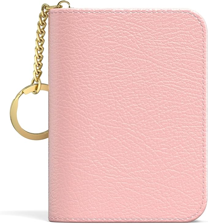 Aiawoxc Credit Card Holder for Women, Small RFID Wallet Slim Leather Business Card Organizer Case with Zipper and Keychain, Pink
