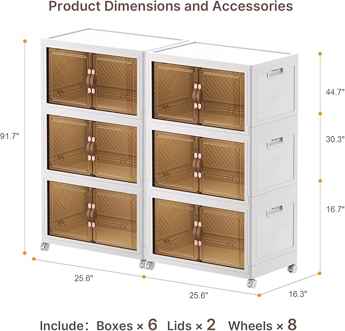 UAMFURI Stackable Storage Bins with Lids, 720QT Closet Organizers, Lockable Storage Cabinet, Foldable Storage Box with Doors and Wheels, Plastic Drawers for Home, Garage, Office (6, White, Large)