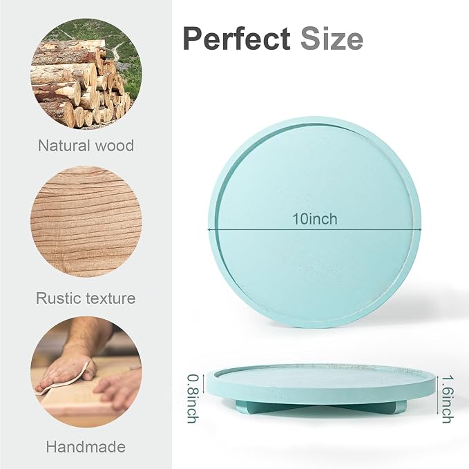 Round Decorative Tray Farmhouse Kitchen Decor Soap Dish, 10" Light Blue | Waterproof, Lightweight, Easy Clean, Wood Riser Pedestal Stand Accessories for Office Desk, Vanity, Counter, Sink
