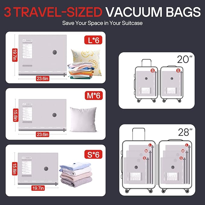 VMstr 18-Pack Vacuum Bags for Travel, Vacuum Seal Compression Bags for Clothing, Carry-On Luggage Space Saver Bags with Plug-in Electric Pump