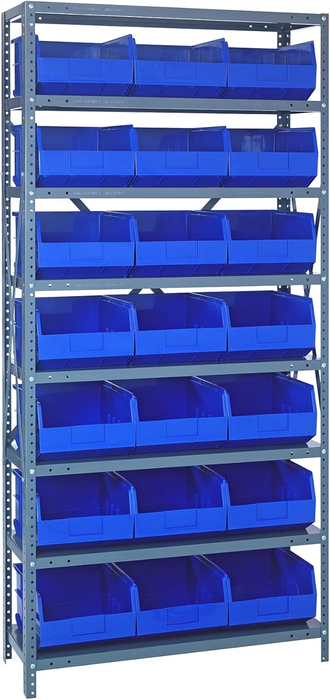 Quantum 1275-445BL Heavy Duty Shelving Unit with (8) Shelves and (21) SSB445 Blue Bins for Garage Warehouse Storage Distribution | 400 lb Load Capacity | 12"D x 36"L x 75"H, Galvanized Carbon Steel