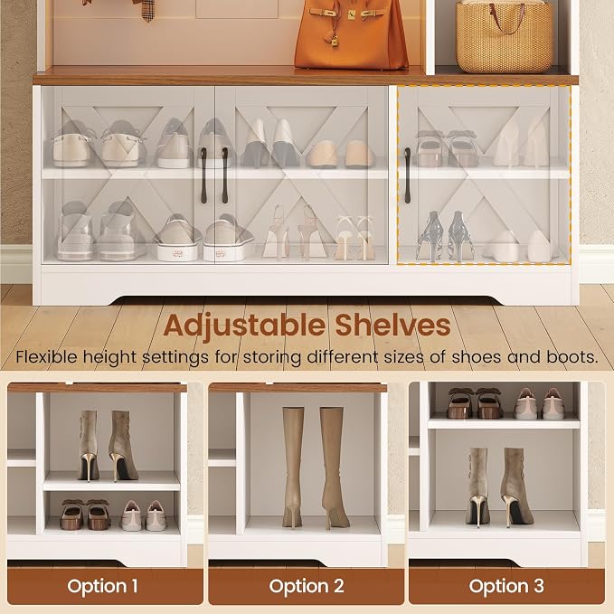 Itaar Hall Tree with Bench and Shoe Storage, Farmhouse Entryway Bench with Coat Rack, Shoe Cabinet with Adjustable Shelves, 6 Storage Cubbies, 10 Coat Hooks, Storage Bag, Led Lights, White