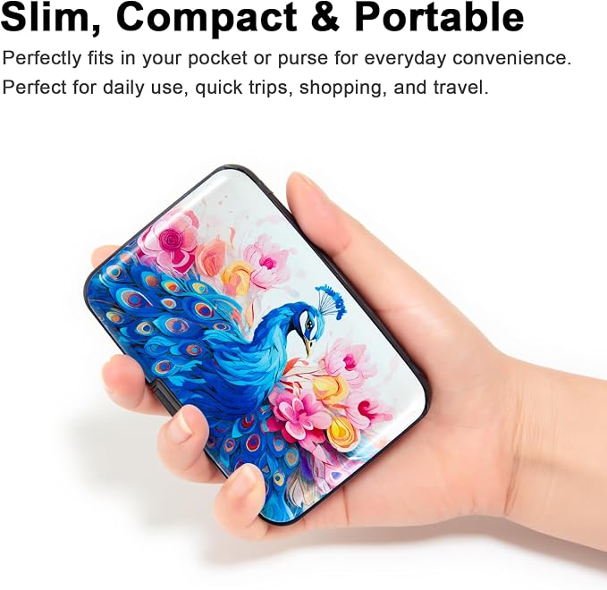 Credit Card Holder for Women Men RFID Blocking Wallet Small Business Metal Slim Mini Aluminum Hard Case (Watercolor Peacock)