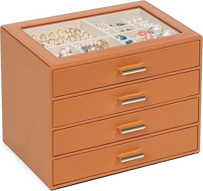 AKOZLIN Jewelry Box with Clear Lid Functional Leather Jewelry Storage Organizer Case 4 Drawers for Women Girls Necklace Ring Bracelet Earring Orange