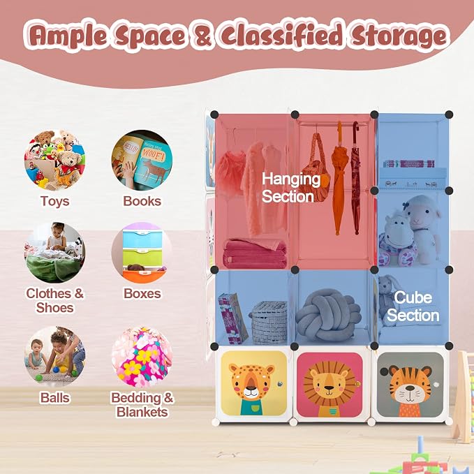 Costzon Kids Closet, Cartoon DIY Modular Dresser Storage Organizer with 12 Cubes & 2 Clothes Hanging Rack, Portable Armoire for Baby Toddlers, Kids Wardrobe for Bedroom Nursery (White)