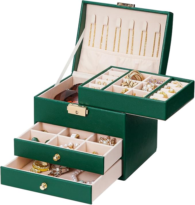 Homde Small Jewelry Box for Girls: 3-Layer Lockable Organizer (Green) | Removable Tray&Dividers for Flexible Storage - Sort Earrings&Rings&Necklaces for Beginners - Birthday Gift for Teens