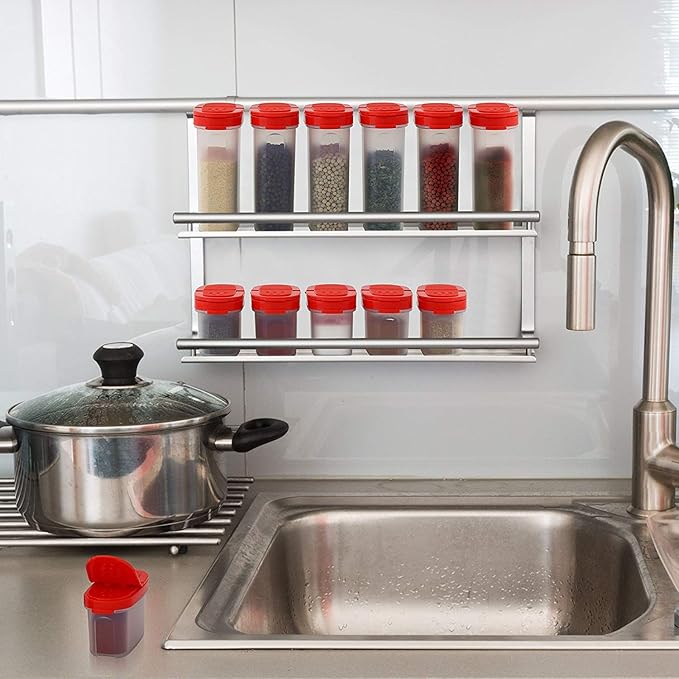 SIGNORA WARE Spice Jars with Lids - 4 oz Refillable Empty Airtight Spice/Seasoning Containers Set -2 in 1 Pour/Sift Shaker Lids Clear Plastic Spice/Seasoning Organizer Kitchen/Travel 4 pk.Red