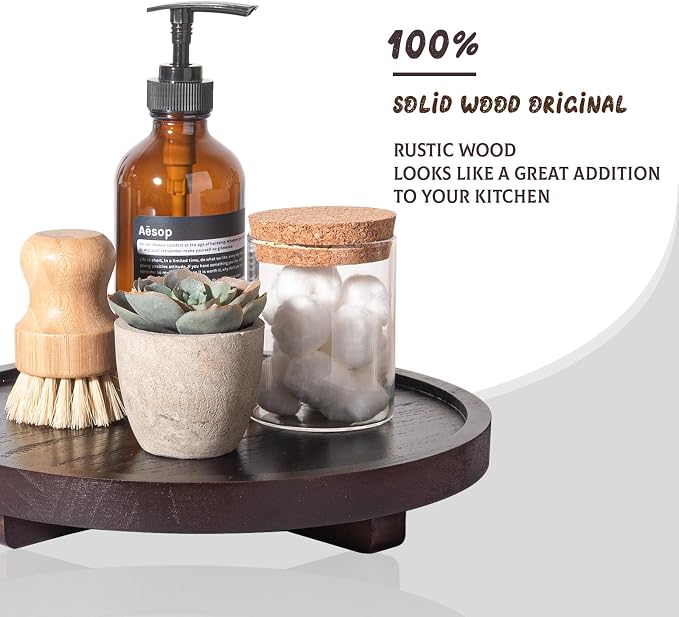 Round Decorative Tray Farmhouse Kitchen Decor Soap Dish, 10" Walnut | Waterproof, Lightweight, Easy Clean, Wood Riser Pedestal Stand Accessories for Office Desk, Vanity, Counter, Sink