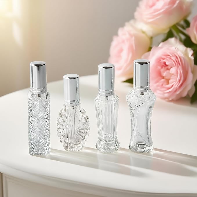 4 Pcs Vintage Glass Refillable Perfume Bottles Empty Spray Set | Vintage Glass Refillable Empty Perfume Bottles with Spray 4 Pack for Wedding Car Home Vanity Travel Decor Gift