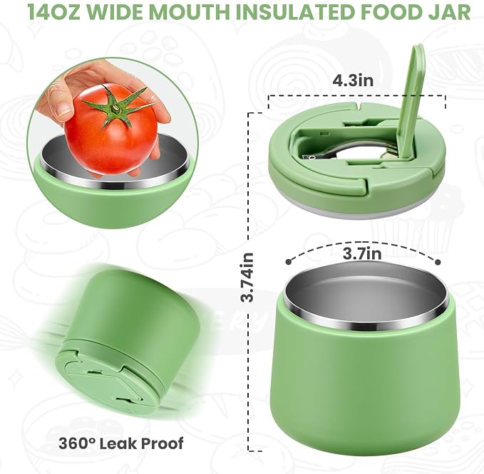 Itslife 14oz Vacuum Insulated Soup Thermo for Hot Food, Kids Lunch Container with Leakproof Buckle Lid, Wide Mouth Stainless Steel Food Jar with Spoon