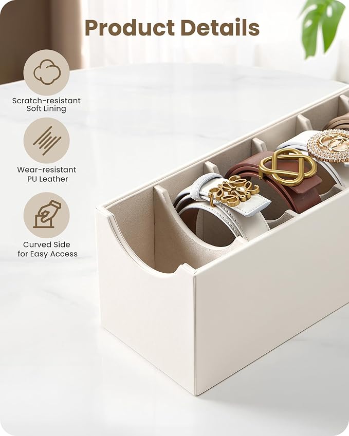 Lolalet Belt Organizer for Closet, Belt Box & Storage Drawer -Cream | PU Leather Belt Holder with 7 Extra-Wide Compartments, Soft Lining, Fits Entryway Cabinet, for Women, 2 Pack