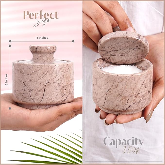 MARBLOUS KRAFTS Marble Salt Cellar 3 Inch Salt Holder With Lid for Spice Jar & Stone Salt Container, Modern Sugar Bowl (Marinara)