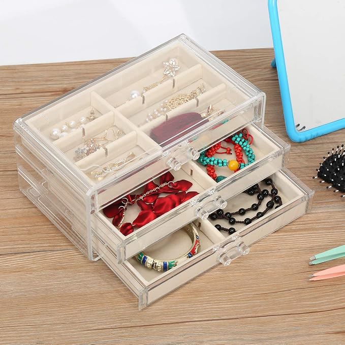 FEISCON Acrylic Jewelry Organizer Makeup Cosmetic Storage Organizer box | Storage Organizer box Clear Jewelry Case with 3 Drawers Adjustable Jewelry Box Velvet Trays grid size