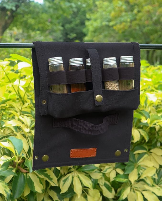 Travel Spice Kit, Portable Spice Bag with 10 Spice Jars, Canvas Seasoning Storage Bag Organizer, Seasoning Bottle Holder with Mini Condiment Bottle, Condiment Container Set for Camping BBQ(Black)