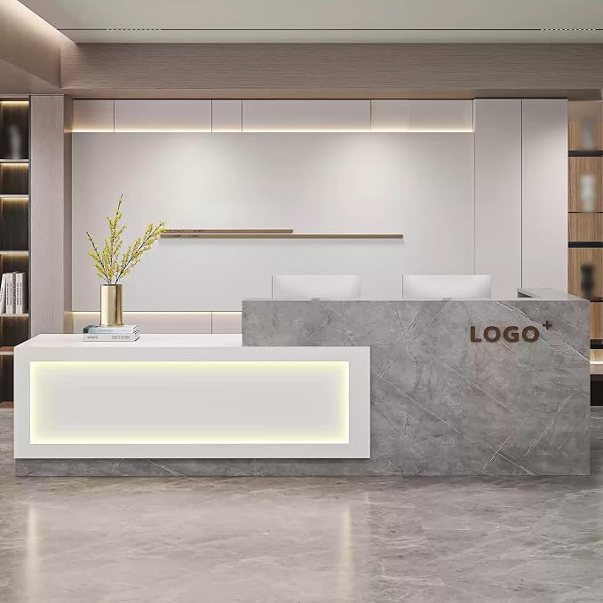 Modern Reception Desk with Counter, Front Desk Reception Counter with Lockable Drawer, Keyboard Tray & Storage Cabinet, Solid Wood Receptionist Table for Salon Office Lobby (H - Left, L 2.6m/102in)