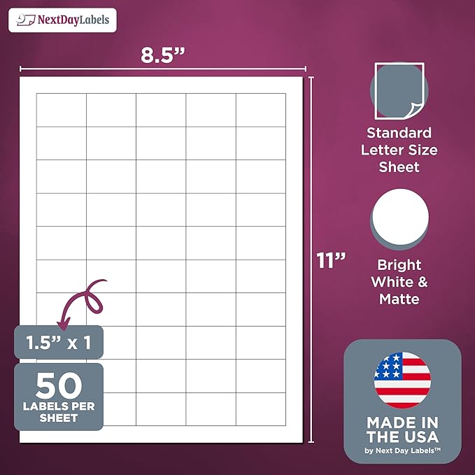 NextDayLabels 1.5x1 Inch Rectangle Stickers White Blank Labels for Laser Inkjet Printer - 50 Per Sheet Self-Adhesive Name Tags Address Barcode, Made in USA - 1250 Labels