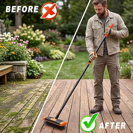 2026 Deck Brushs 3 in 1 Floor Scrub Brush with Long Handle, 3-in-1 Weed Brush Combo Set with Detachable Handle, Deck Scrub Brushs for Patio, Pavers, Driveway, Walkway, Stone Joints (Orange)