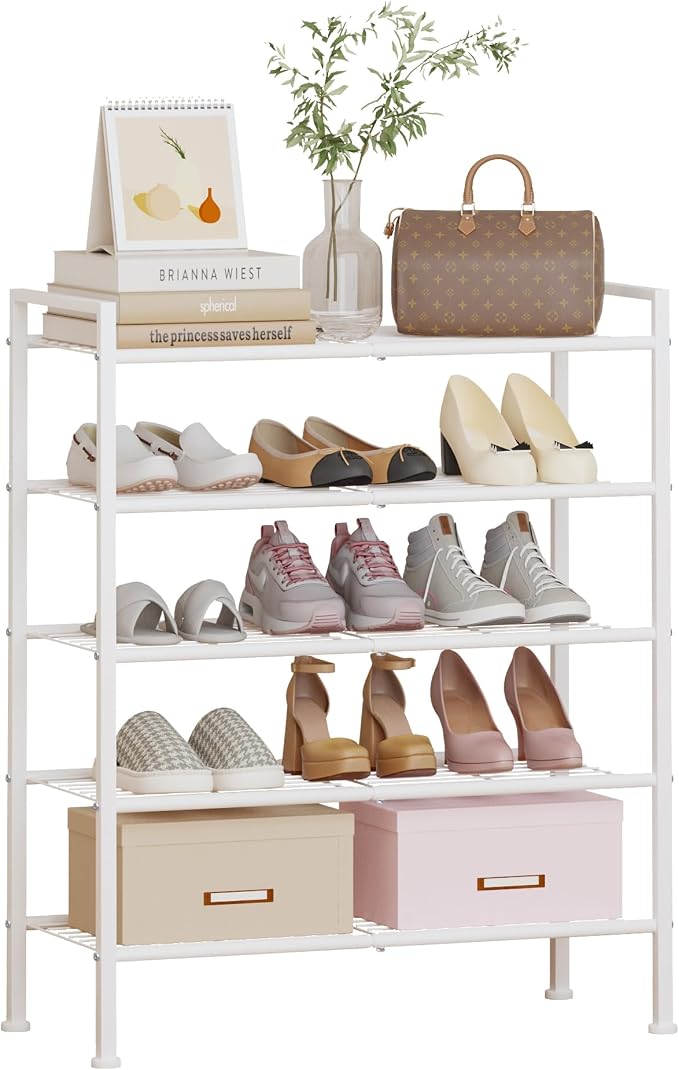 5 Tier Shoe Rack,Metal Shoe Storage | Organizer Shelf for Closet,Entryway, Garage,Narrow Space(White, 5 Tier)