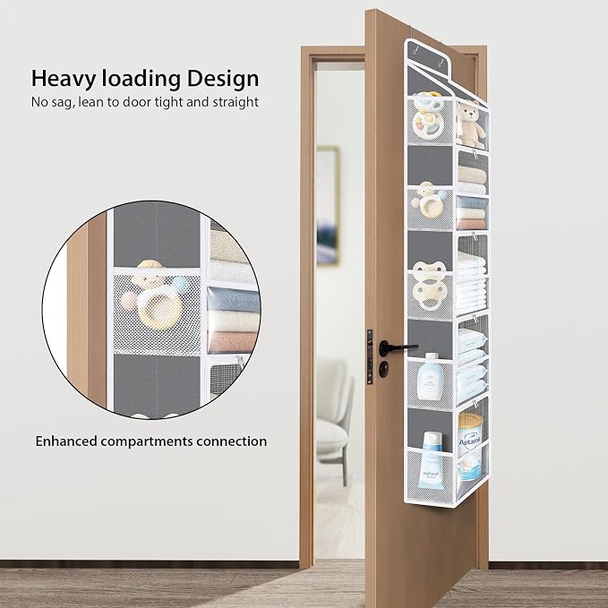 Univivi Over the Door Organizer for Baby Essential, 5-shelf, Light Gray | Fabric Baby Door Organizer, Large Compartments and Mesh Side Pockets, Storage for Baby Nursery, Laundry, Bedroom and Bathroom