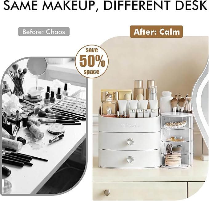 Makeup Organizer Countertop with Drawers, Make up Organizers for Vanity, Skincare Jewelry Earring Organizers, Cosmetic Display Cases Makeup Storage for Bedroom & Bathroom, Ideal Gifts for Women(White)