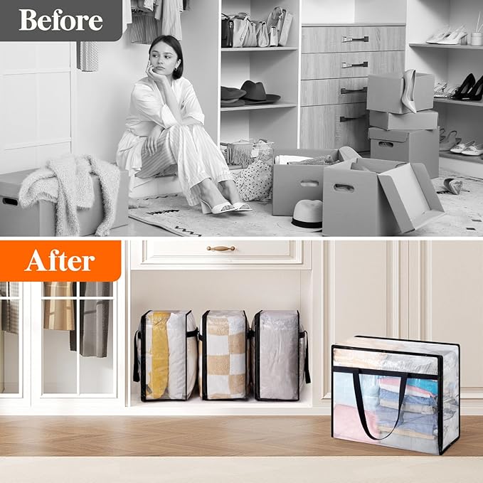 Lifewit 2 Pack Clear Blanket Storage Bags, Foldable Plastic Clothes Organizer with Zipper, Closet Organization Containers and Moving Bag for Comforter, Bedding, Duvet, 40L