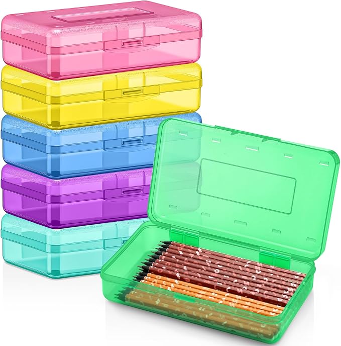 Blulu 6 Pack Large Plastic Pencil Case Clear Pencil Boxes Bulk Hard Crayon Box Storage with Lid Snap 8.1 x 4.7 x 2.2 Inch Closure Painting Marker Organizer Large Capacity Back to Supplies Multicolor