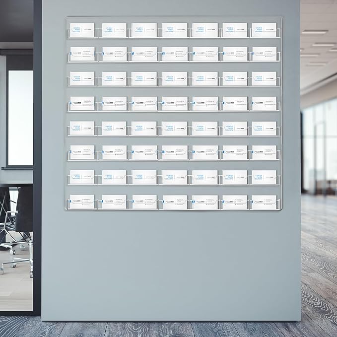 Hillban Acrylic Business Card Holder Wall Mount Clear Sticker Display Rack Multiple Card Holders Clear Acrylic Organizing Sticker Display Stand Pre Drilled (56 Pockets)
