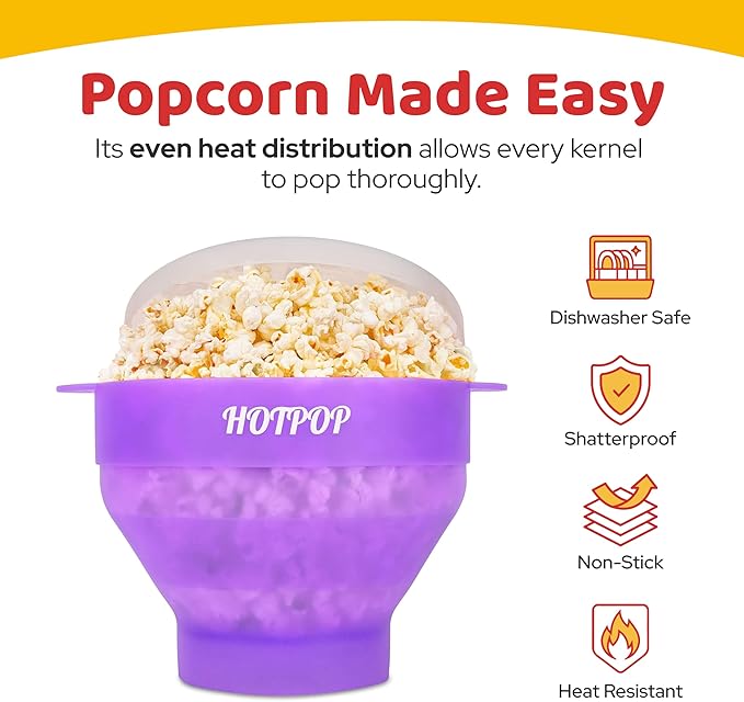 The Original Hotpop Microwave Popcorn Popper, Silicone Popcorn Maker, Collapsible Bowl BPA-Free and Dishwasher Safe- 20 Colors Available (Transparent Purple)