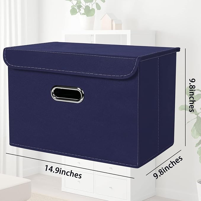 STOREONE Fabric Storage Cube Bins Foldable Organizer Container Collapsible Basket with Lids and Metal Handles, for Home, Bedroom, Closet 3 Pcs (Navy Blue)