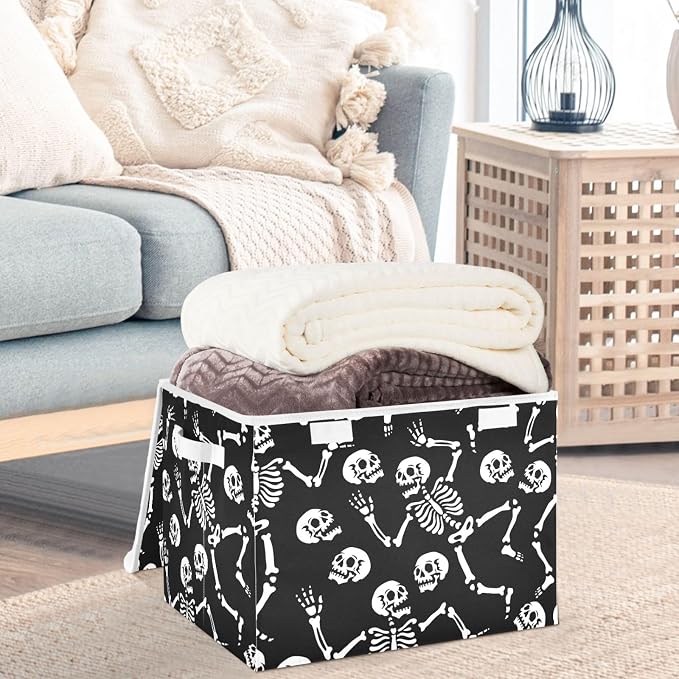 CaTaKu Skull Black Storage Bins with Lids,Halloween Fabric Large Storage Container Cube Basket with Handle Decorative Storage Boxes for Organizing Clothes Shelves