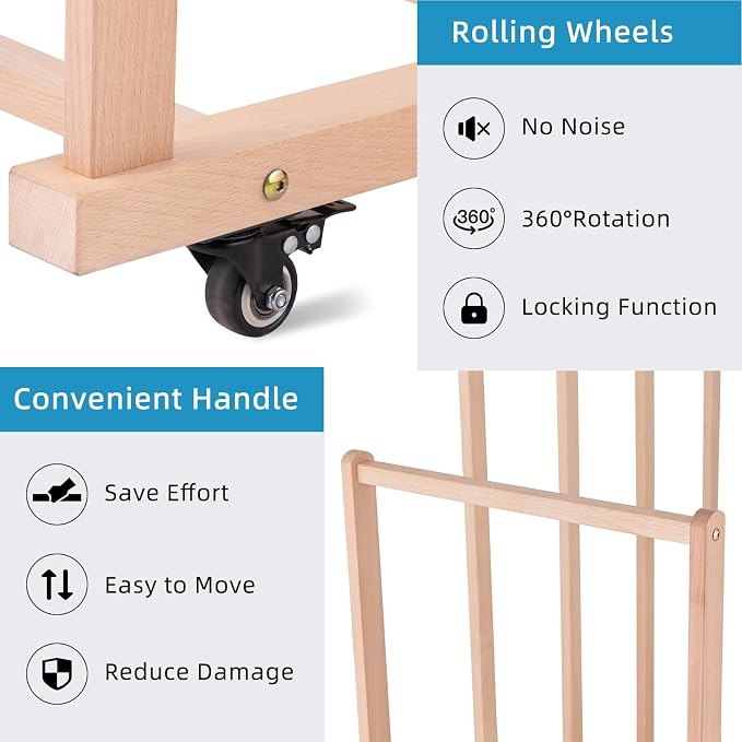 Extra Large Art Canvas Storage Rack, Art Drying Rack with Handle and Wheels | Wooden Canvas Boards Rack for Drawing Boards, Panels, Artwork in Art Studio/Gallery