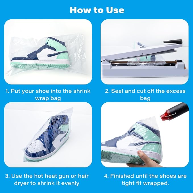 Shrink Wrap Bags Kit with 18x 11 Inches Shoe Heat Shrink Wrap Bags x 50 Pcs, Mini Heat Gun x 1 for Shoe Books Storage Avoid Sole Yellowing and Keep Dust Away
