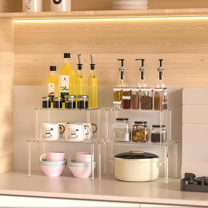 Jusalpha Acrylic Riser Stand Cabinet Organizer, Spice Rack Organizer, Desk Countertop Shelf, Pantry Kitchen Storage, Stackable Shelves for House Organization (Set of 4)